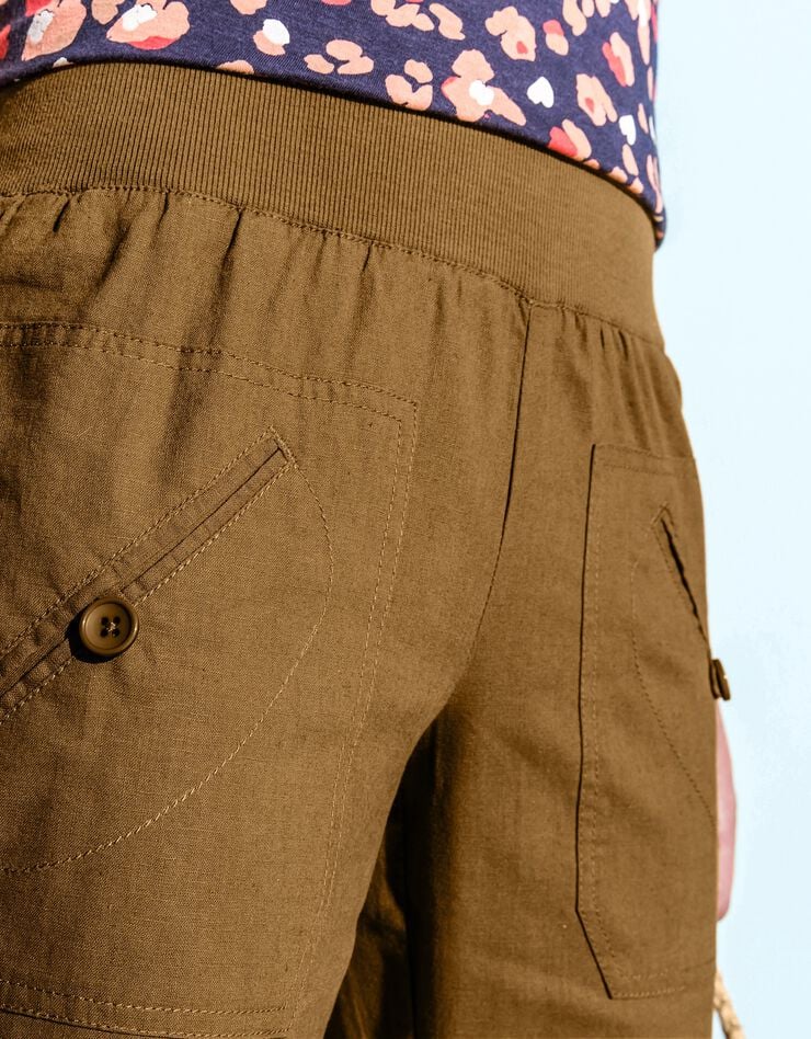 Pantalon coupe droite 7/8ème taille élastiquée, lin coton (havane)