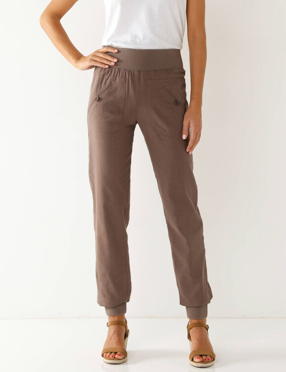 Pantalon blousant taille élastiquée, lin coton (marron glacé)