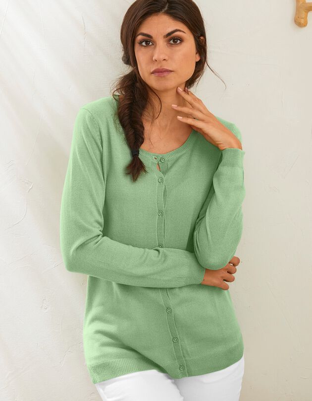 Cardigan boutonné col rond uni toucher cachemire (vert clair) Cardigan boutonné col rond uni toucher cachemire (vert clair)
