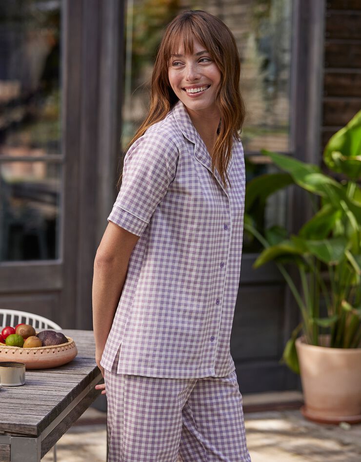 Pyjama pantalon court imprimé carreaux - col tailleur (parme)