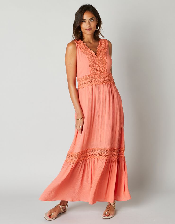 Robe longue volantée macramé (corail)