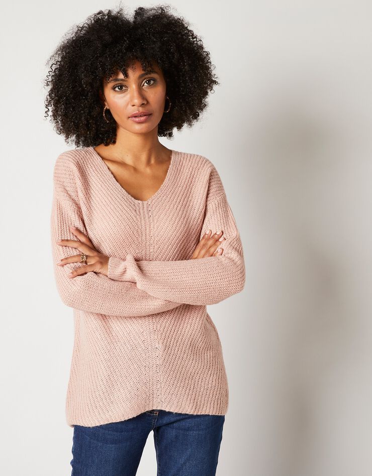 Pull col V, maille anglaise toucher mohair (rose poudré) Pull col V, maille anglaise toucher mohair (rose poudré)