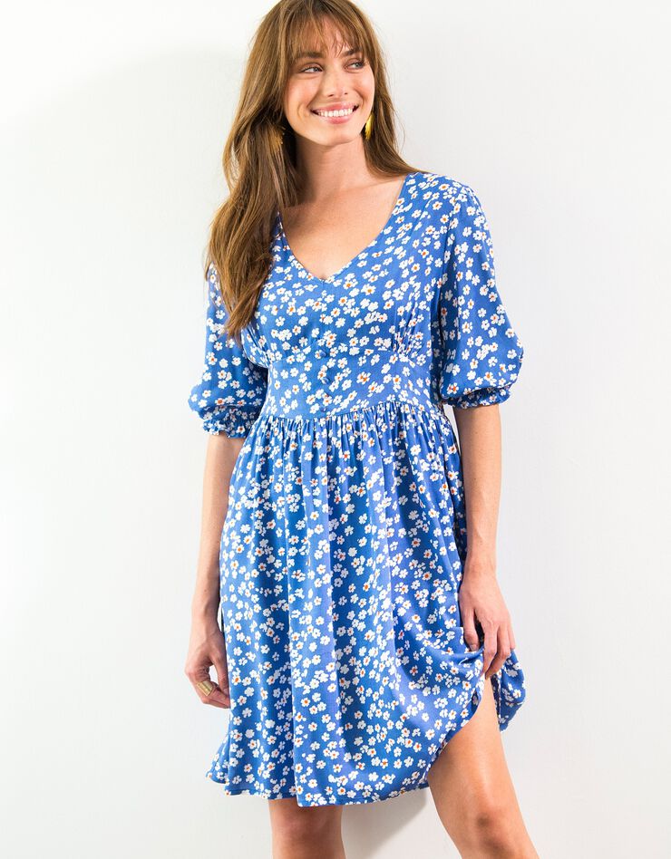 Robe imprimée col V base évasée (bleu / écru)