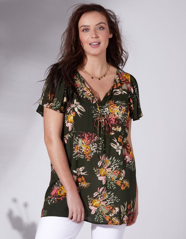 Blouse manches papillon imprimée (kaki / corail)