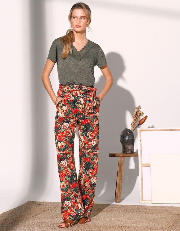Pantalon large fluide imprimé fleurs (noir / rouge)