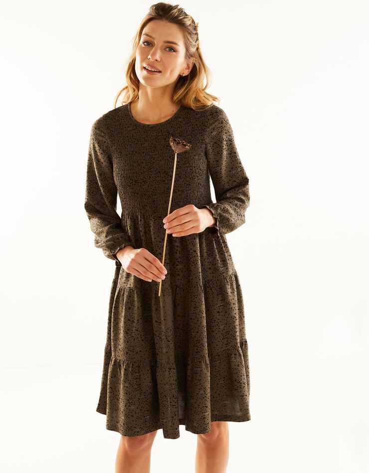 Robe smockée manches longues imprimé peau de bête (bronze / noir) Robe smockée manches longues imprimé peau de bête (bronze / noir)