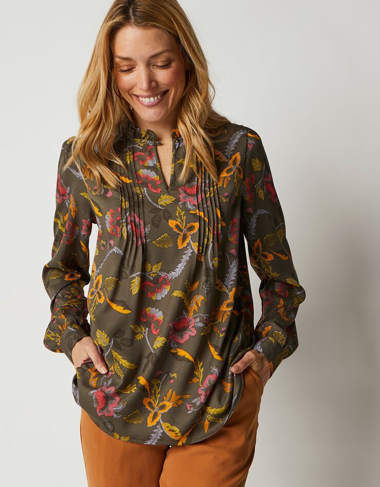 Blouse à plis manches longues imprimée (bronze / corail) Blouse à plis manches longues imprimée (bronze / corail)