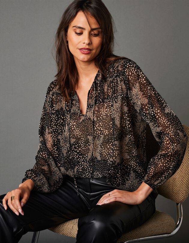 Blouse voile fluide imprimé minimaliste bicolore (noir / grège)