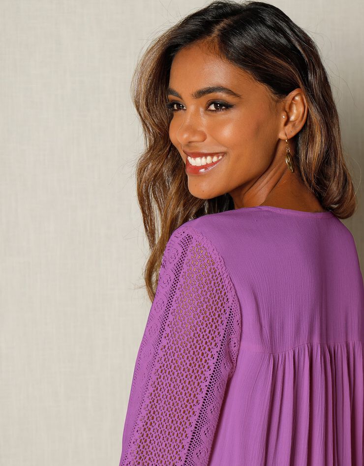 Blouse unie col V manches 3/4 macramé (lilas) Blouse unie col V manches 3/4 macramé (lilas)