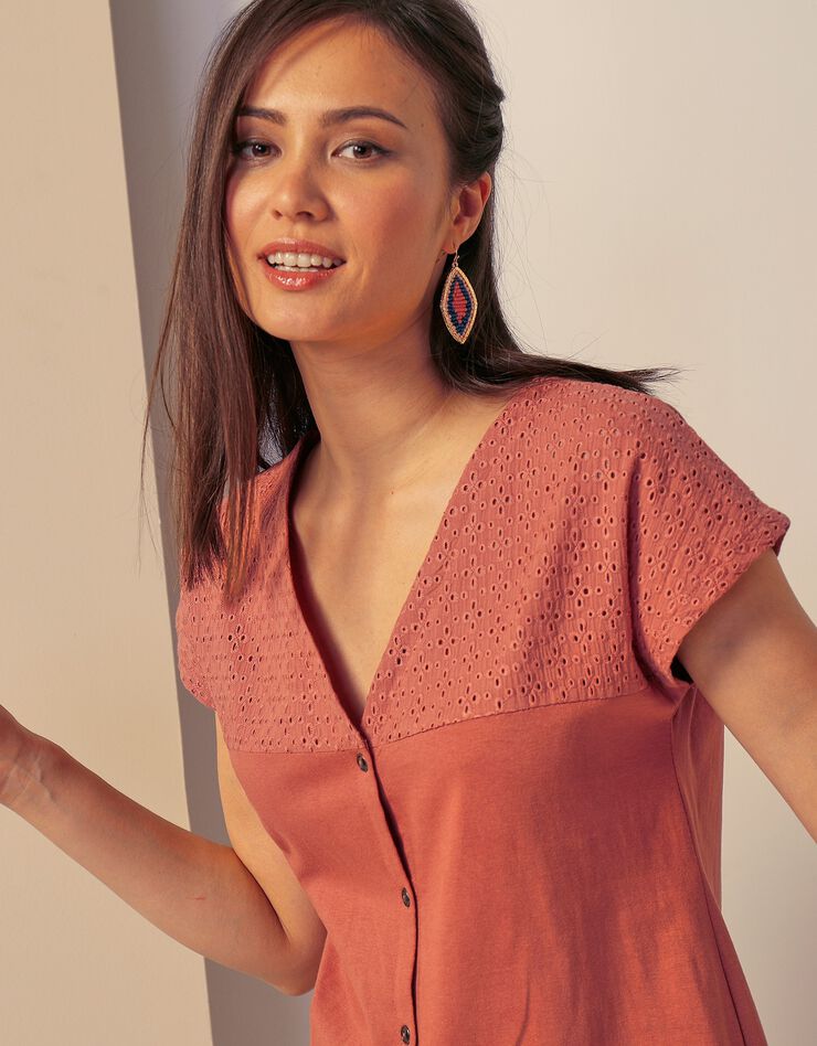 Tee-shirt boutonné, broderie anglaise (terracotta) Tee-shirt boutonné, broderie anglaise (terracotta)