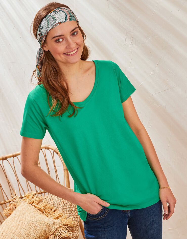 Tee-shirt col V uni manches courtes coton (vert)