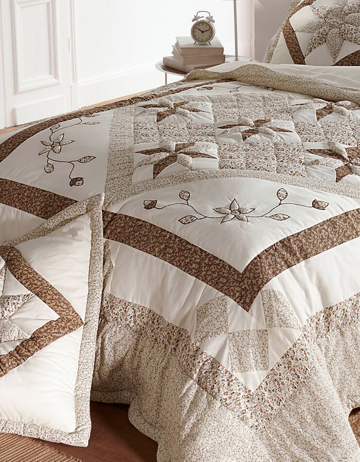Couvre-lit patchwork imprimé fleurs (taupe)