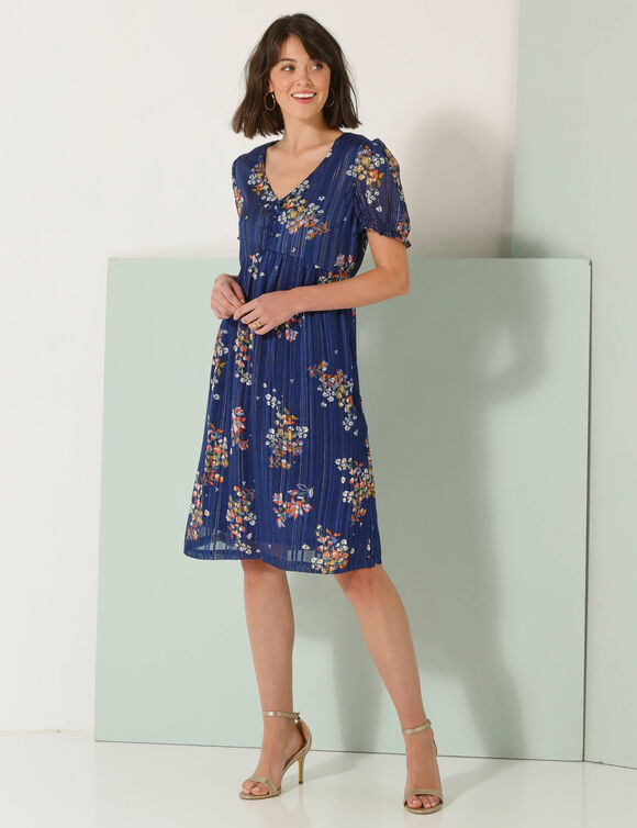 Robe courte imprimé floral, voile fils brillants (indigo / corail)