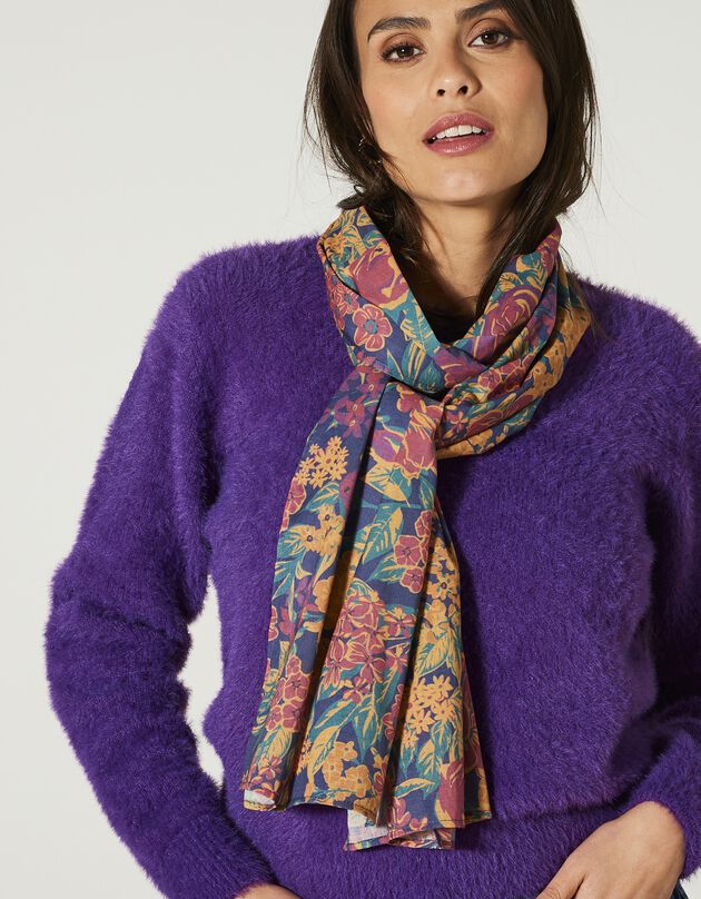 Foulard style chèche fabriqué en France imprimé, 198 x 38 cm - coton (indigo / fuchsia)