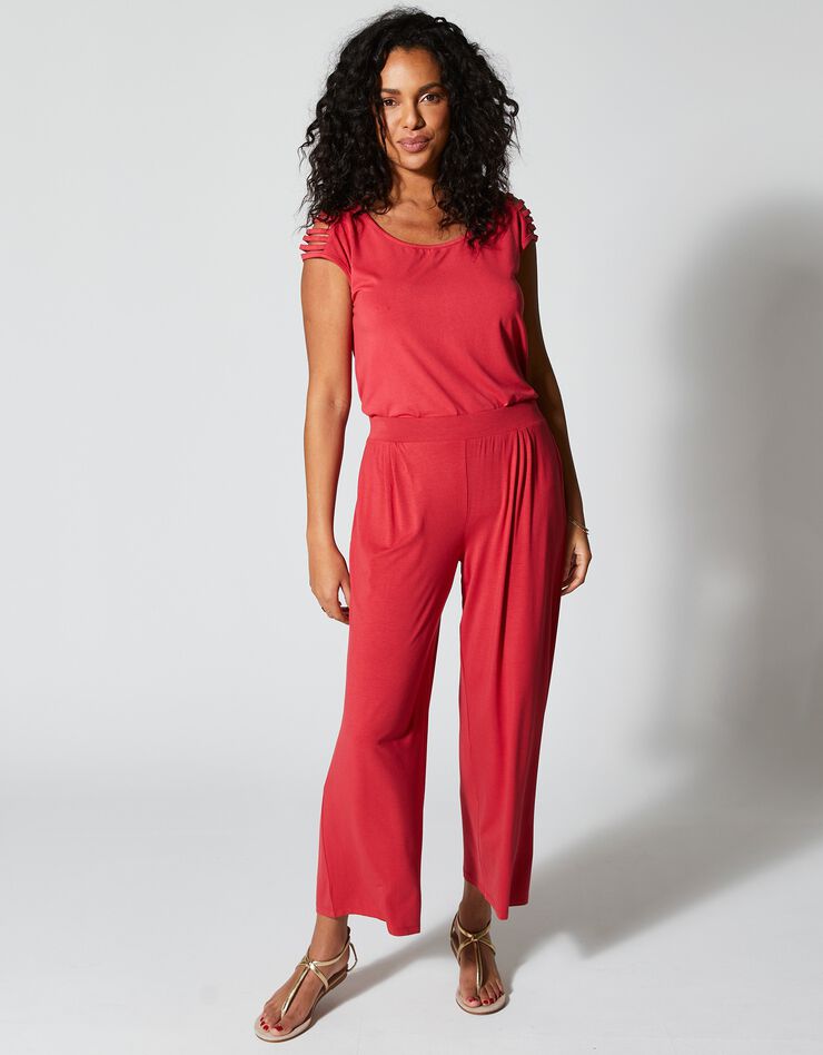 Pantalon large 7/8ème taille élastiquée maille fluide unie (rouge)