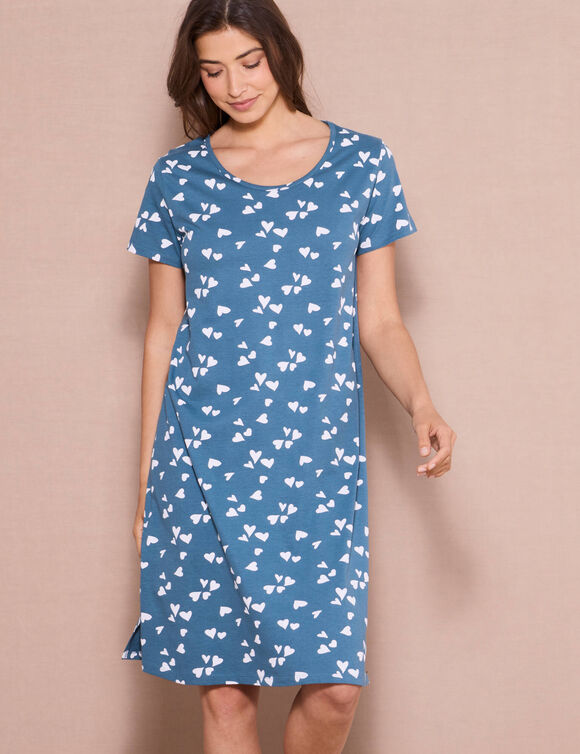 Chemise de nuit courte imprimée "cœurs" (émeraude / blanc)