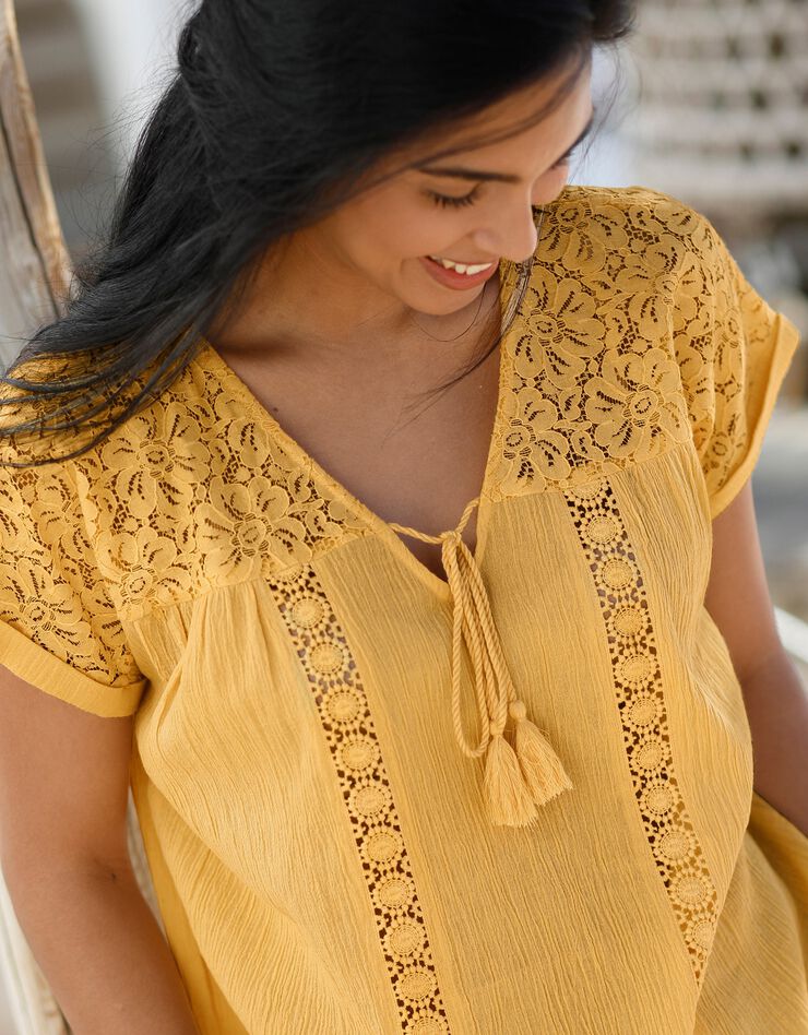 Tunique macramé crépon coton (curry) Tunique macramé crépon coton (curry)