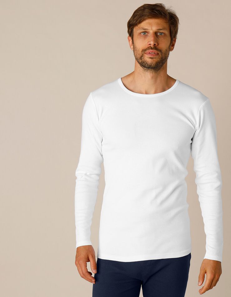 Tee-shirt sous-vêtement homme col rond manches longues dos long coton - lot de 2 (blanc)