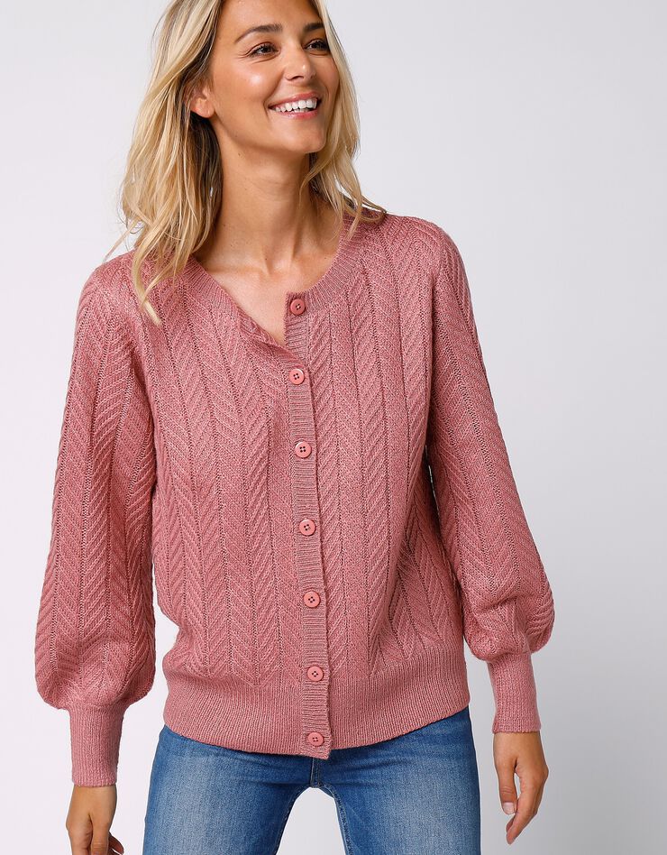 Cardigan boutonné maille fantaisie manches bouffantes (bois de rose) Cardigan boutonné maille fantaisie manches bouffantes (bois de rose)