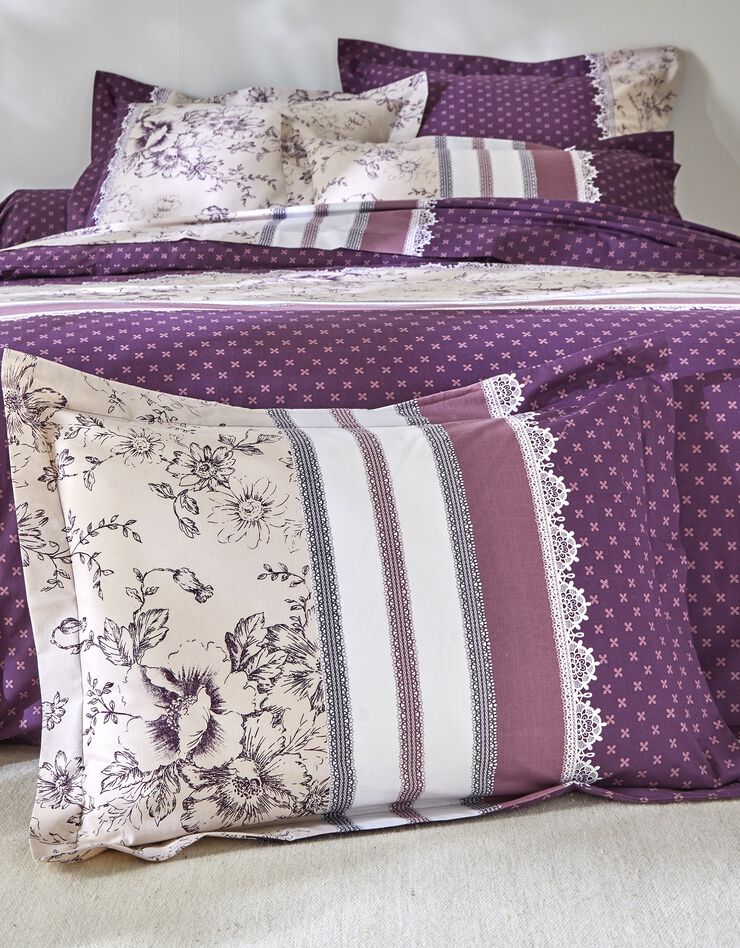 Linge de lit Gabrielle en flanelle imprimé fleurs et dentelle (prune)
