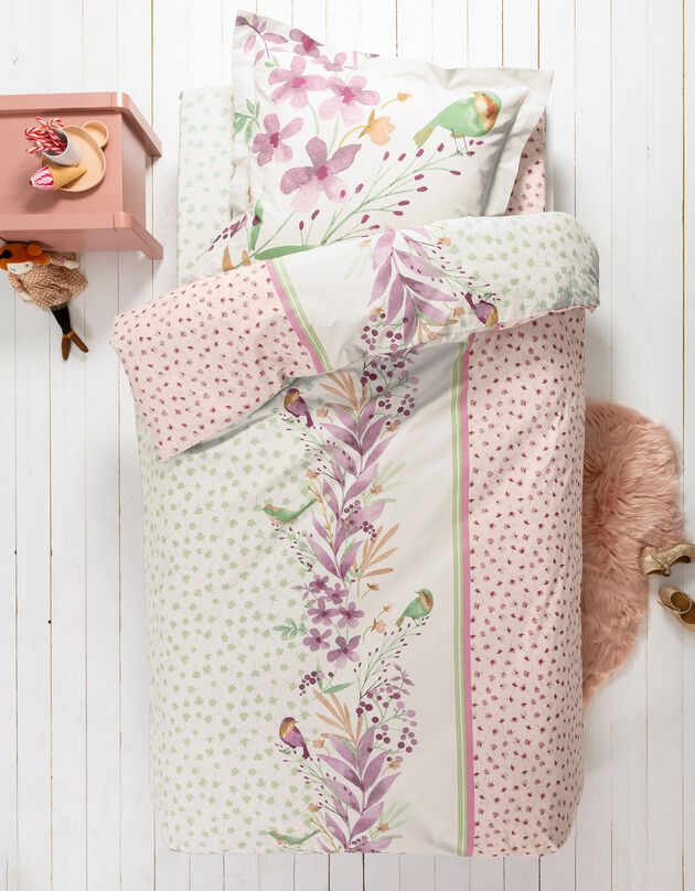 Linge de lit enfant Betty - coton motifs fleurs et oiseaux (rose)
