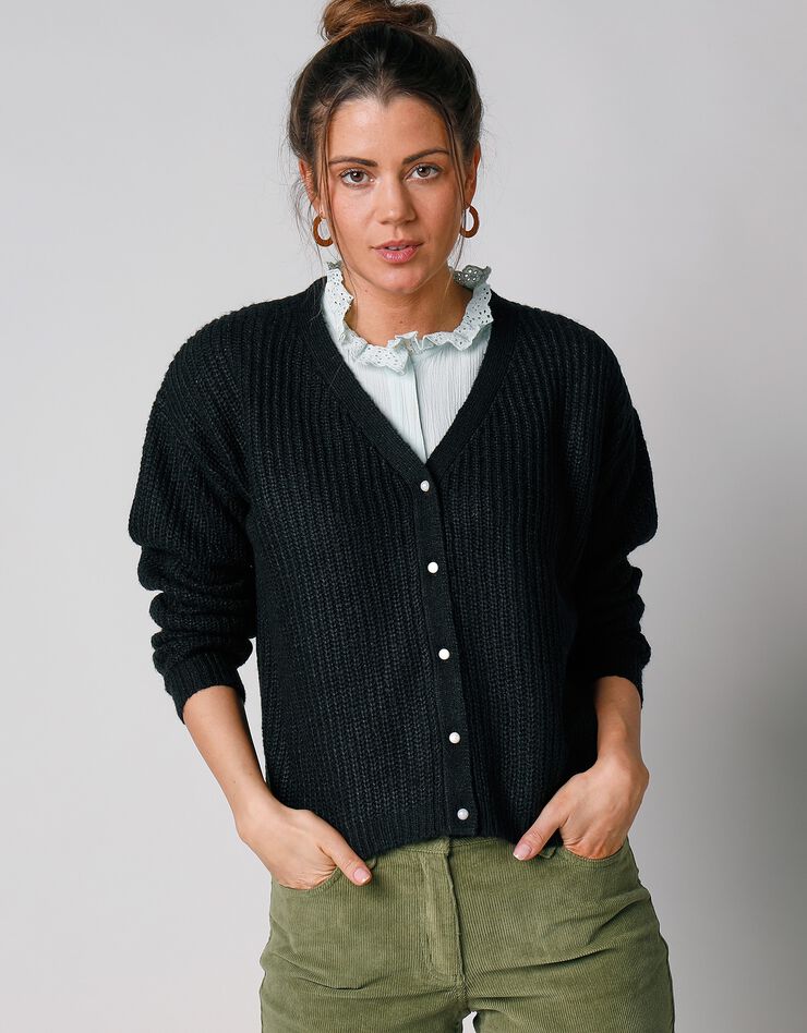 Gilet col V boutonné, maille anglaise toucher mohair (noir) Gilet col V boutonné, maille anglaise toucher mohair (noir)