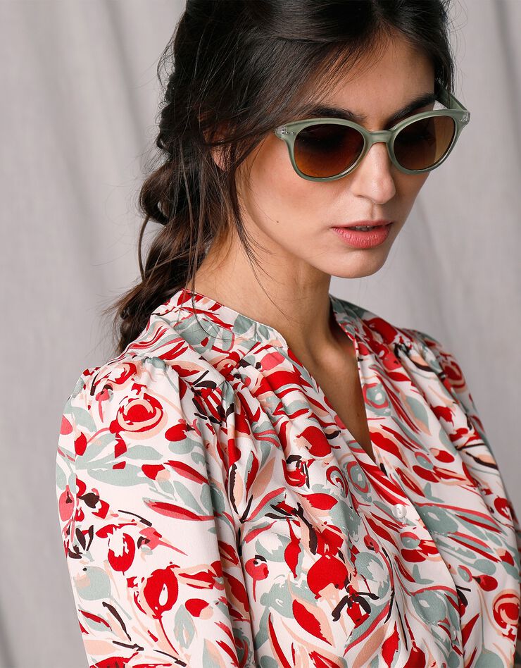 Robe-chemisier mi-longue crêpe imprimé (écru / rouge) Robe-chemisier mi-longue crêpe imprimé (écru / rouge)