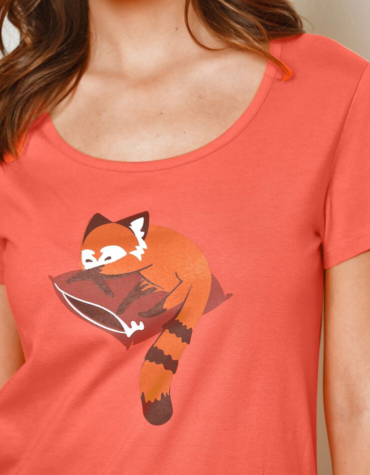 Chemise de nuit longue manches courtes motif "panda roux" (corail)