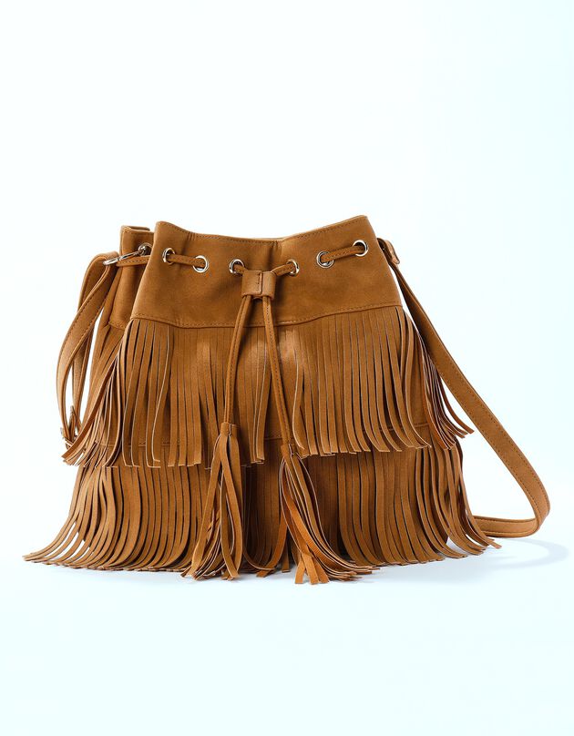 Sac forme seau à franges (caramel)