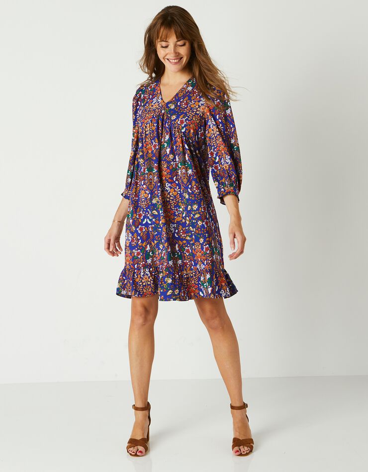 Robe housse manches 3/4 imprimée, crêpe (bleu / orange)