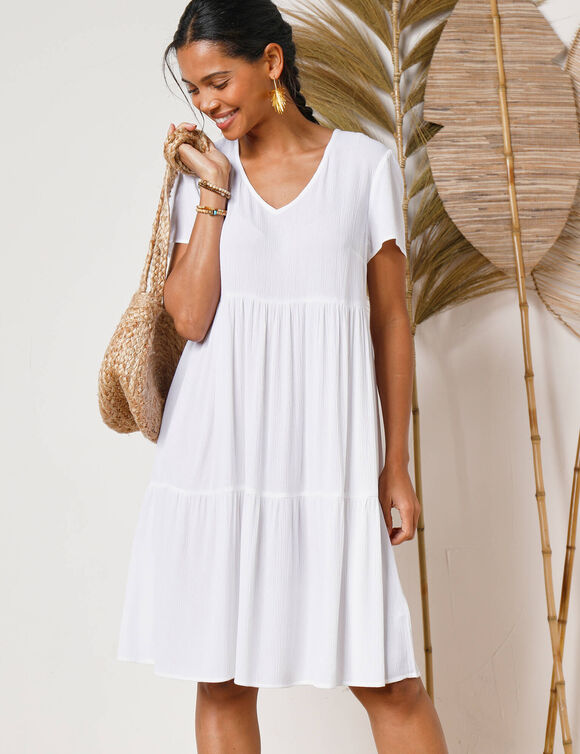 Robe col V courte unie, crépon (blanc)