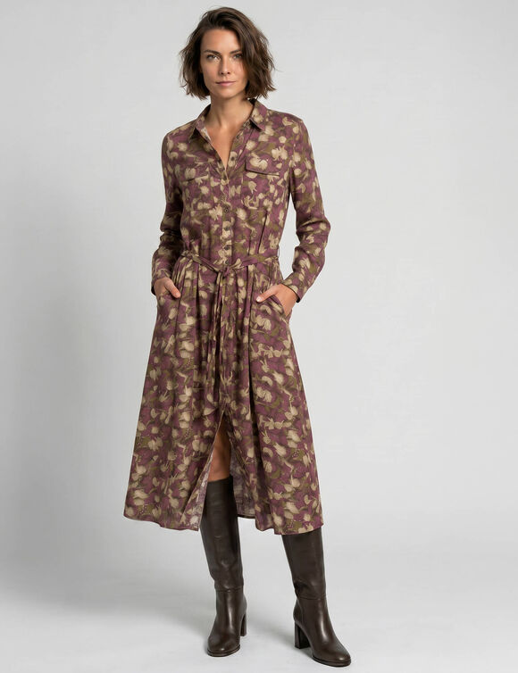 Robe chemisier longue imprim&eacute;e, manches longues (kaki / violine)