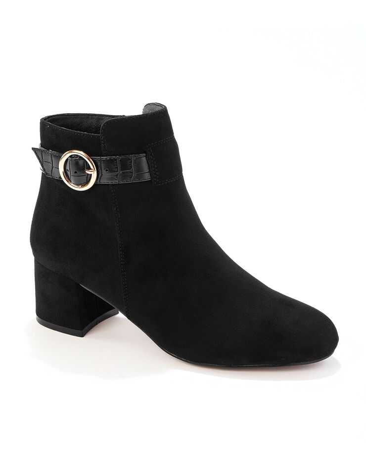 Heeled ankle boots with crocodile strap and golden buckle - black