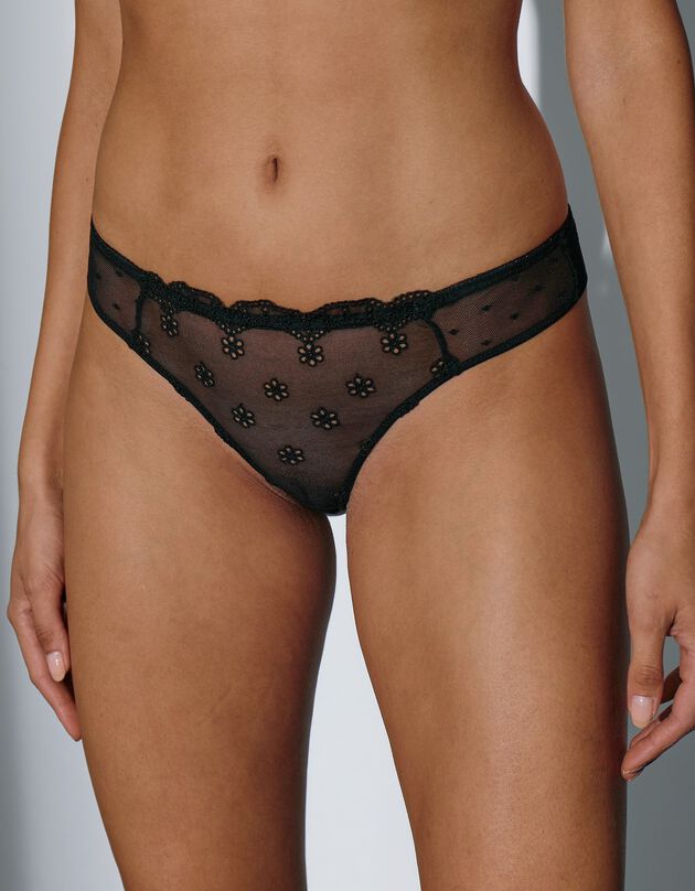 Culotte forme tanga tulle brodé et plumetis Lolak (noir)