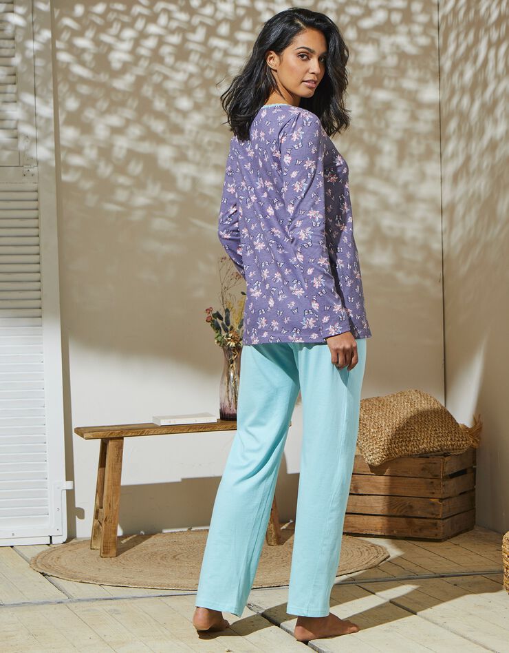 Pantalon pyjama imprimé placé papillons - coton (turquoise grisé)