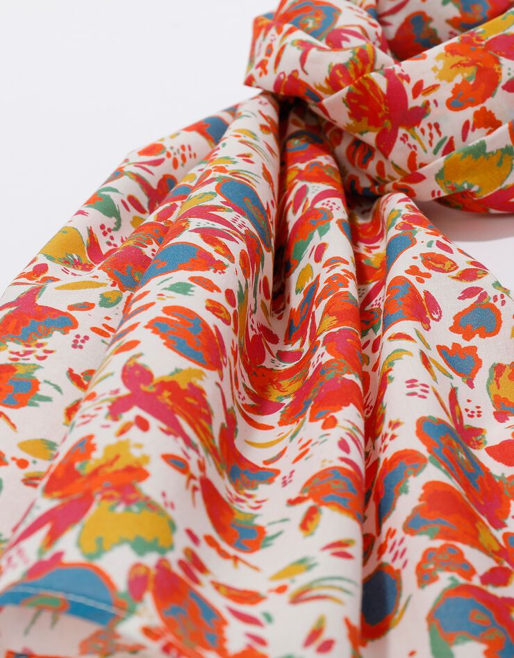 Foulard style chèche fabriqué en France imprimé printanier, 160 x 70 cm - coton (écru / corail)