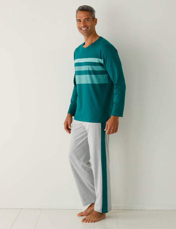 Pyjama coton rayures placées col rond (vert / gris)
