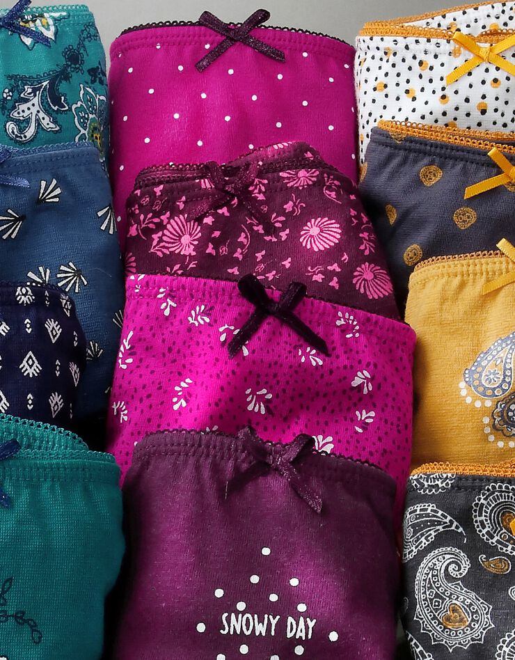 Culotte midi coton imprimé gamme "flocons" - lot de 4 (prune / fuchsia) Culotte midi coton imprimé gamme "flocons" - lot de 4 (prune / fuchsia)