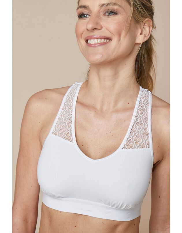 Soutien-gorge brassière coton dos dentelle - lot de 2 (blanc + poudre)