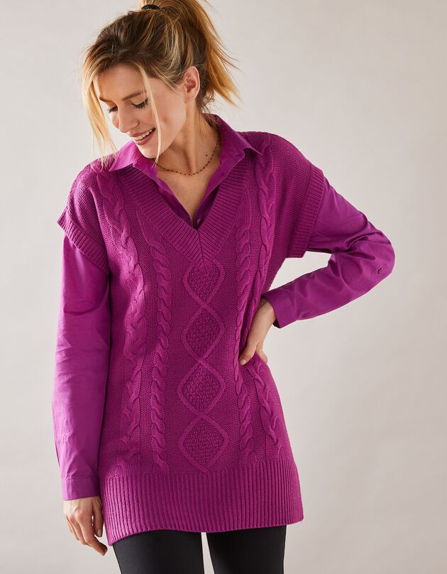 Pull tunique torsadé manches courtes, toucher cachemire (violine)