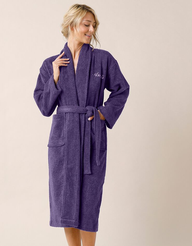 Peignoir mixte adulte éponge bouclette col châle personnalisable (aubergine)
