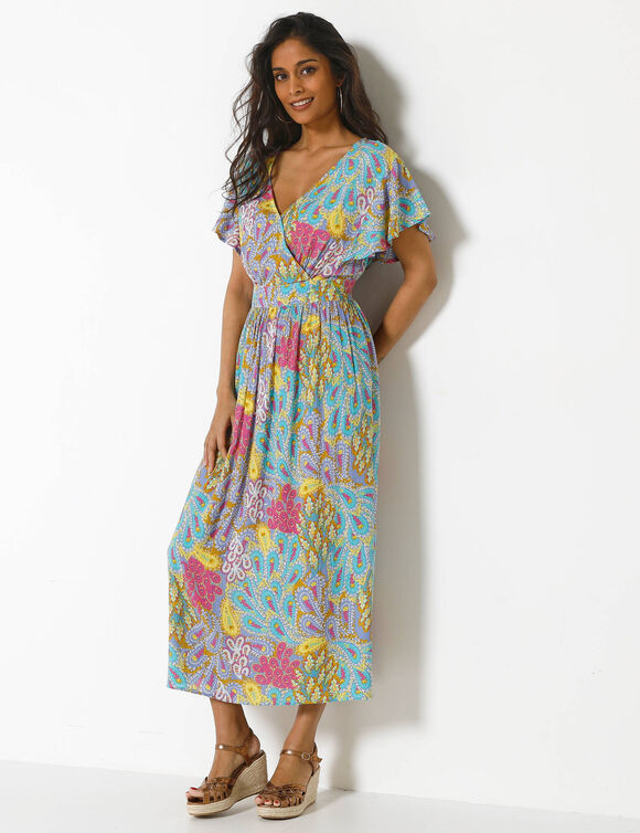 Robe volant&eacute;e cache-coeur imprim&eacute;e, cr&eacute;pon (bleu / jaune)