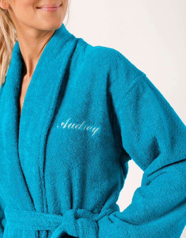 Peignoir mixte adulte éponge bouclette col châle personnalisable (turquoise)