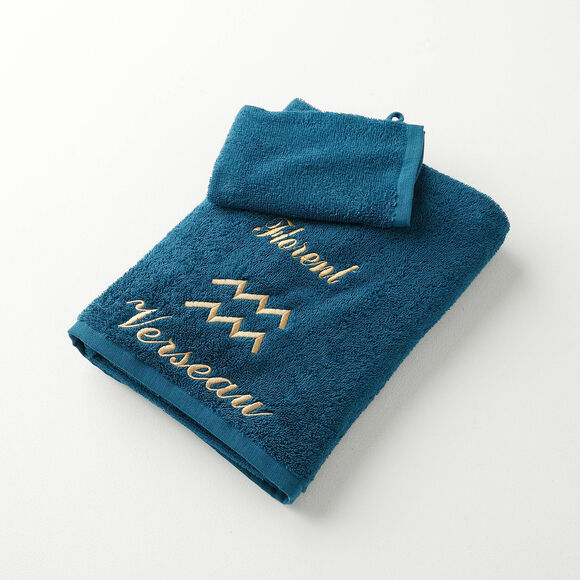 Serviettes de bain brod&eacute;es Verseau personnalisable - 420g/m2 (bleu paon)