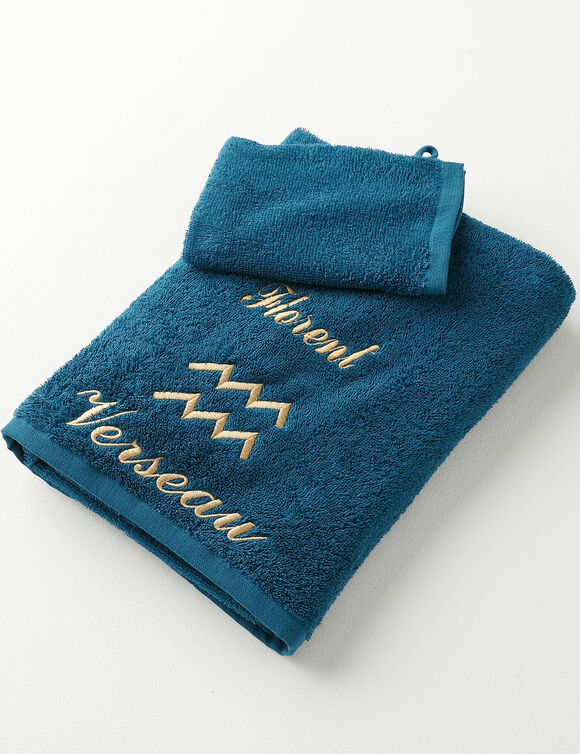 Serviettes de bain brod&eacute;es Verseau personnalisable - 420g/m2 (bleu paon)