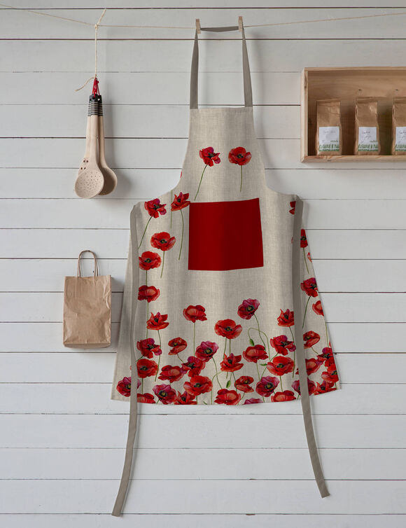 Tablier bavette anti-taches imprim&eacute; coquelicots (naturel / rouge)