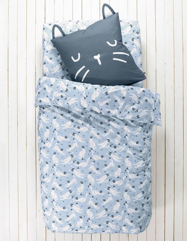 Linge de lit enfant imprimé chats Miaou 1 personne - coton biologique (bleu)