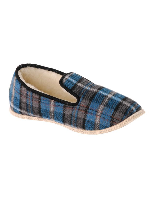 Charentaises homme silencieuses fourrées laine (carreaux marine)