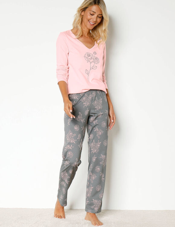 Pyjama en coton manches longues imprim&eacute; roses (gris / rose)