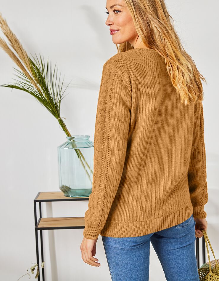 Pull femme col rond torsadé toucher cachemire, manches longues (curry) Pull femme col rond torsadé toucher cachemire, manches longues (curry)